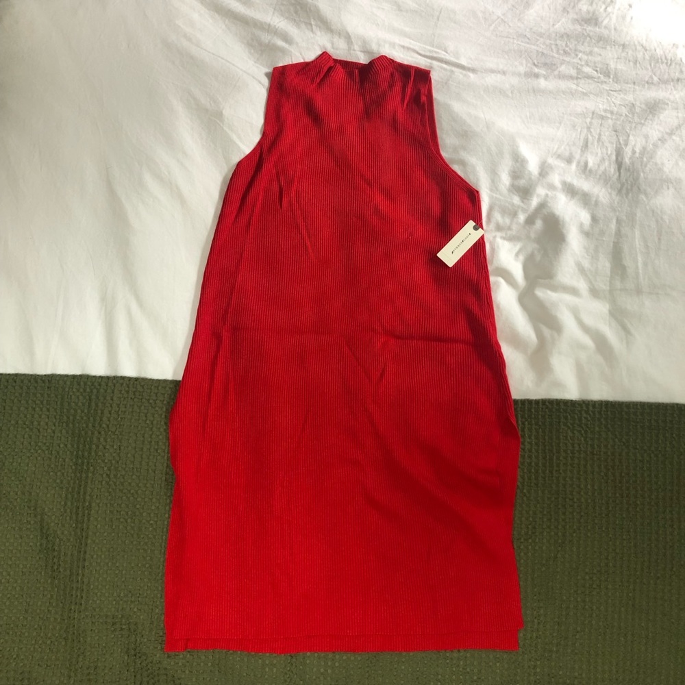 Anthropologie Red Ribbed Mock Neck Midi Dress